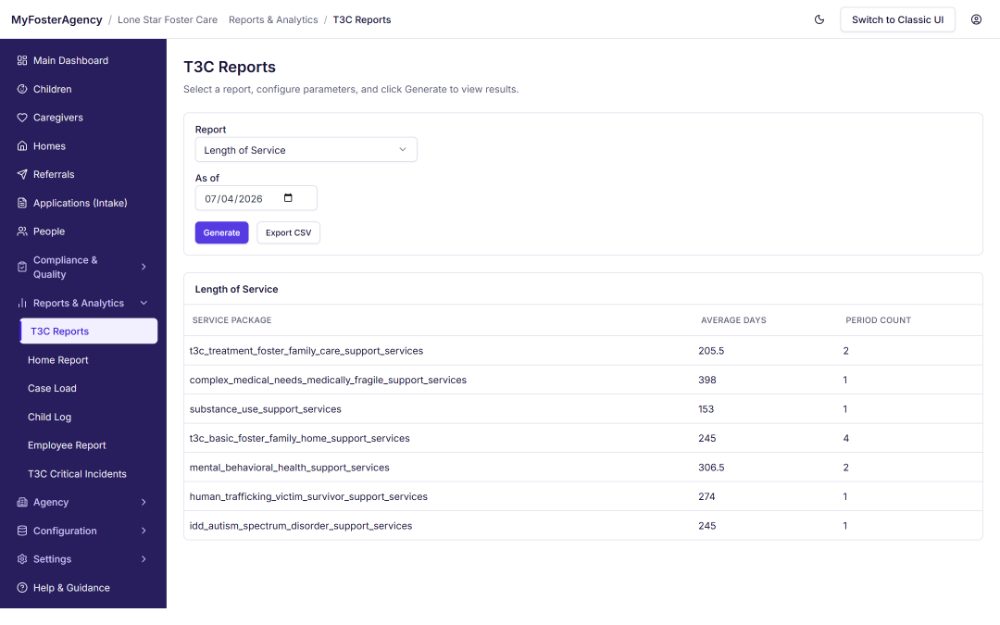 T3C reports screen with length-of-service reporting by service package